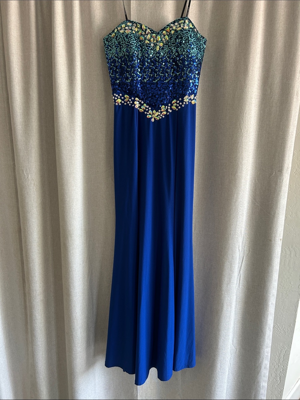 Masquerade Royal Blue Sequin Bodice Prom Gown with Iridescent Accents